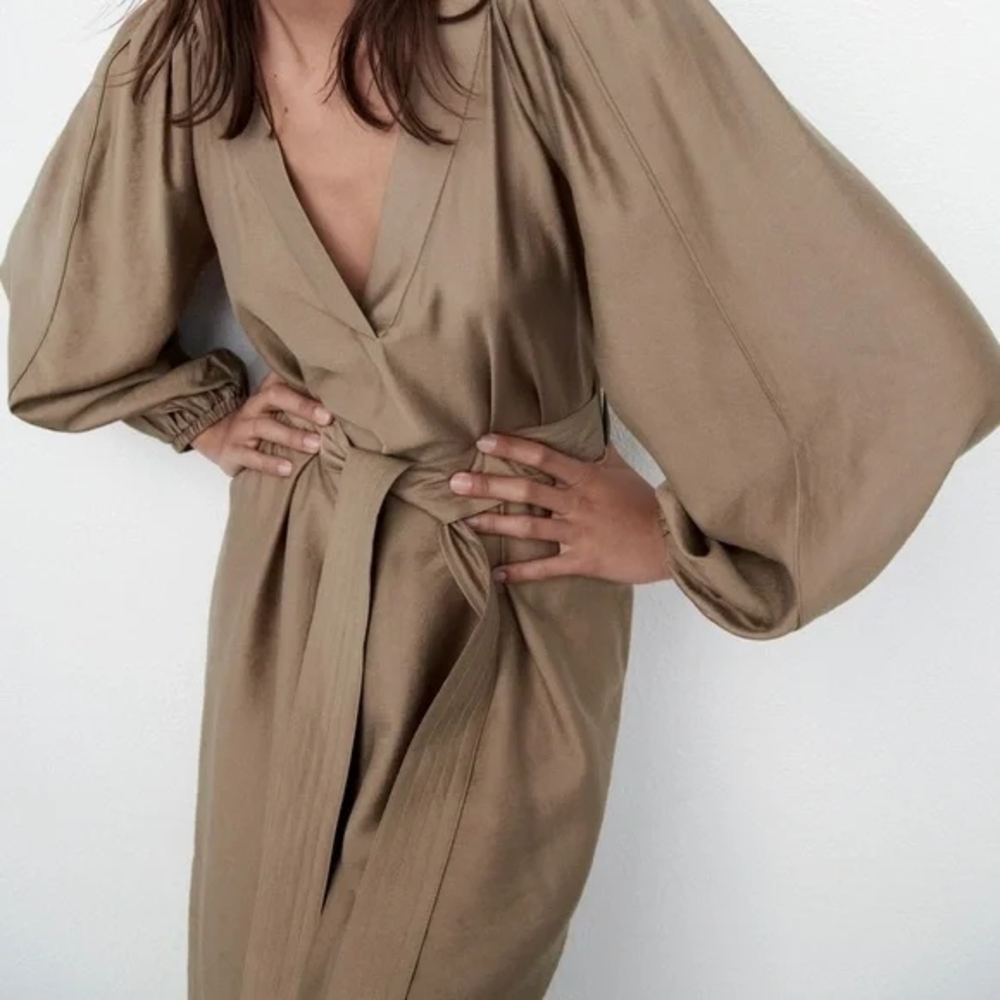 Zara NWT 🏷️ Khaki A-Line Dress With Belt Long Sleeves Room To Move XL - Picture 9 of 11